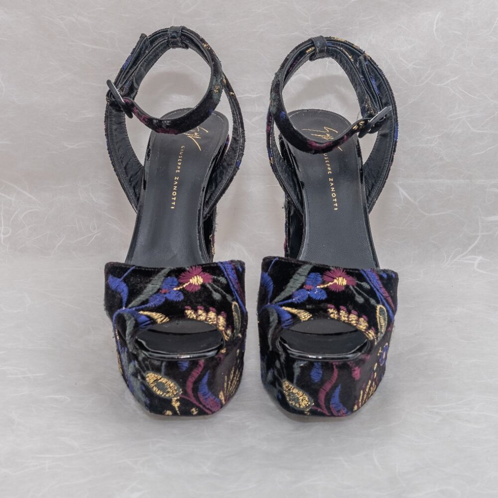 Giuseppe Zanotti Black and Blue Velvet Floral Platform Heels - Picture 3 of 9